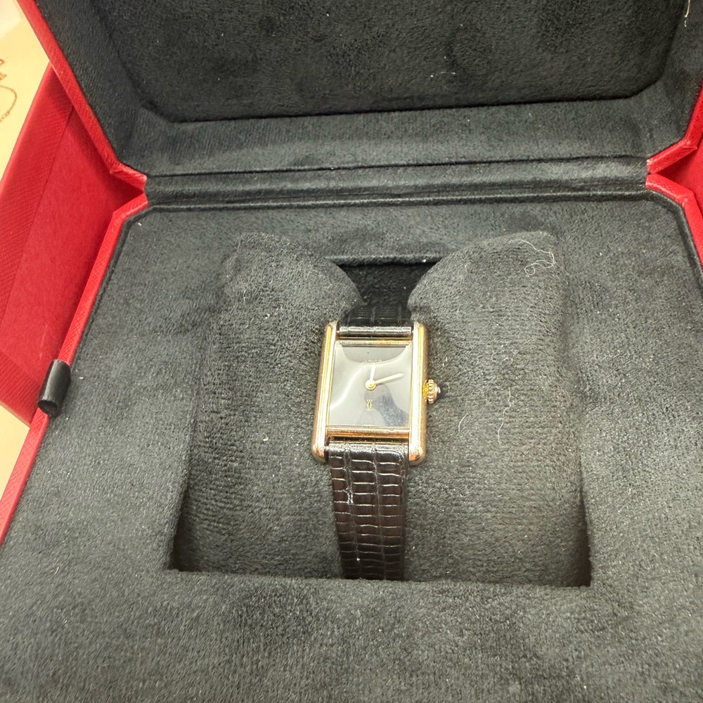 Cartier Tank Style With Black Dial, Solid Sterling Silver Plated in 18k Gold - Picture 8 of 16